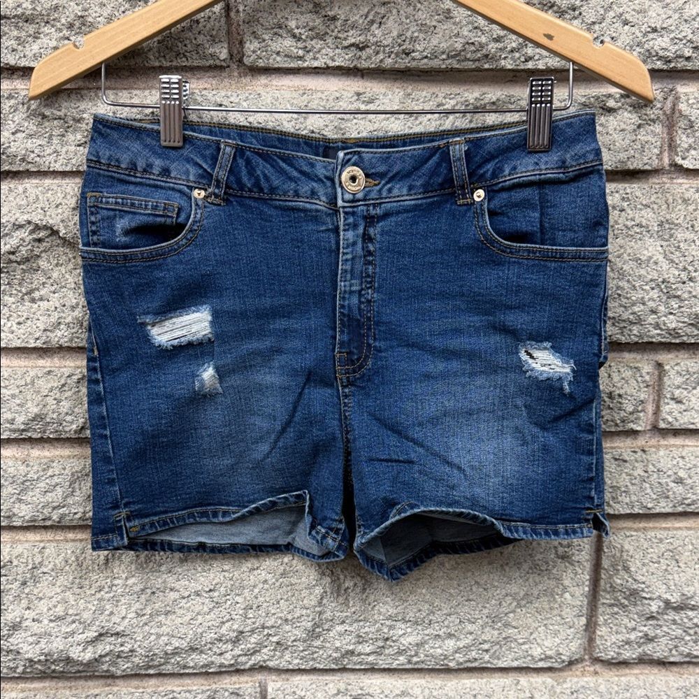 Mid-Rise Distressed Dark Blue Denim Shorts